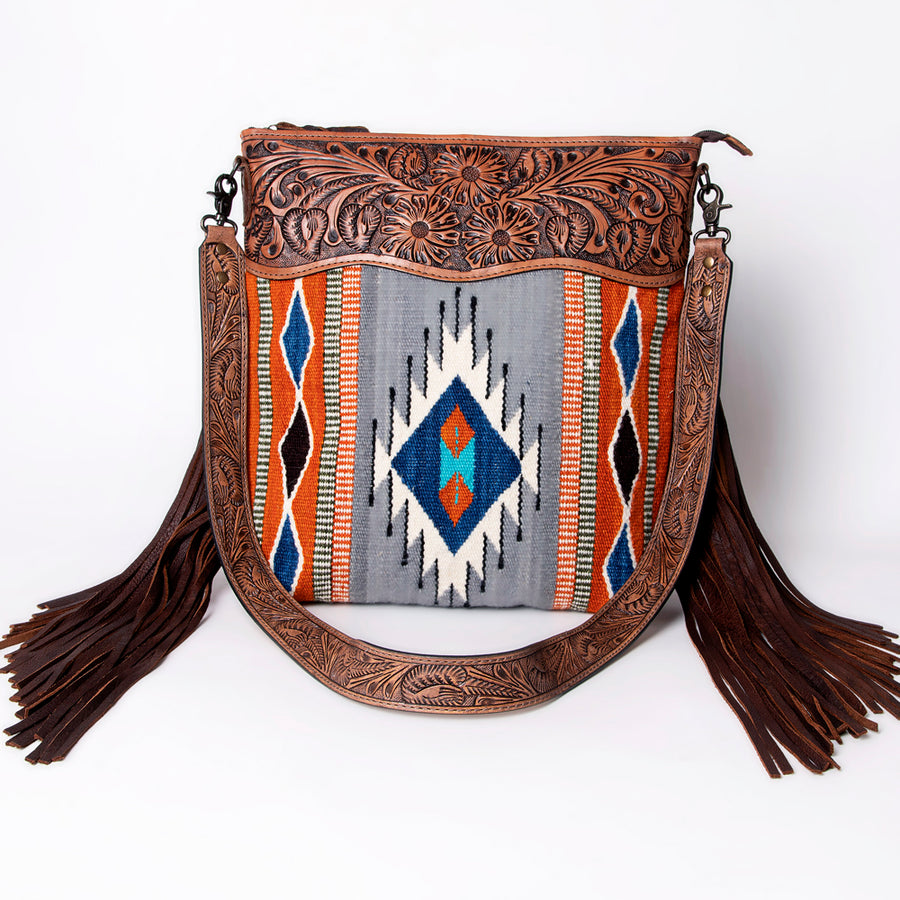 American Darling Signature Cross Body Bag Hand Tooled Floral Carved Leather Woven Saddle Blanket Fringes Genuine Leather