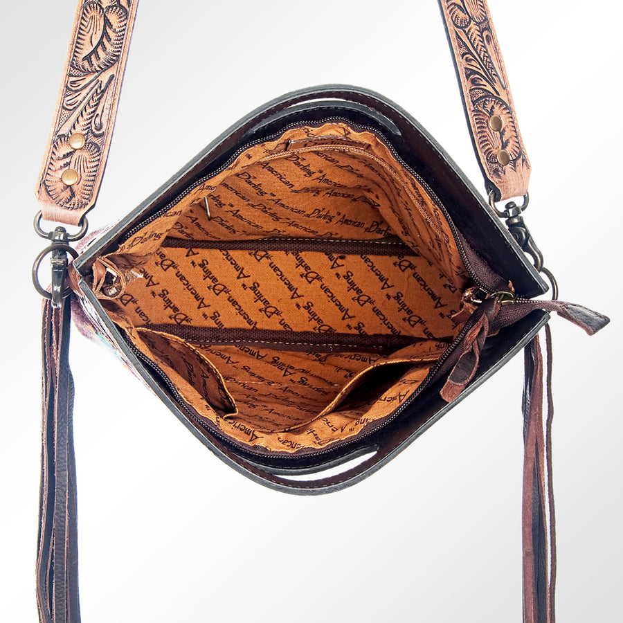 American Darling Signature Cross Body Bag Hand Tooled Floral Carved Saddle Blanket Leather Western Bag with Fringes