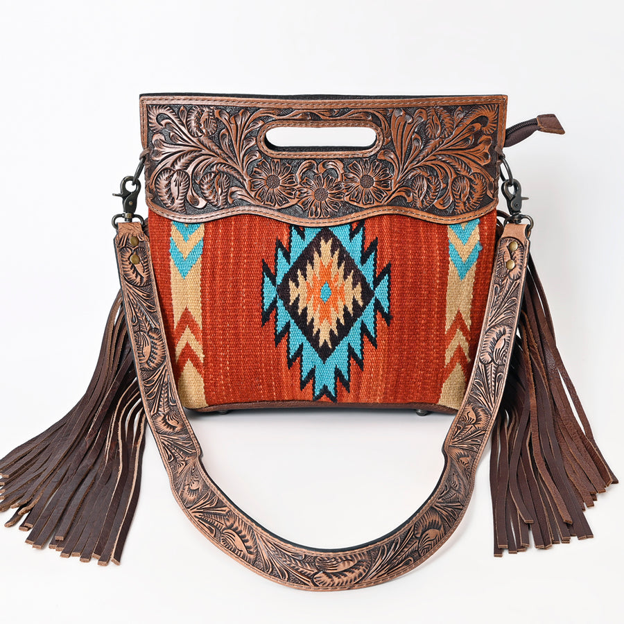 American Darling Signature Cross Body Bag Hand Tooled Floral Carved Saddle Blanket Leather Western Bag with Fringes