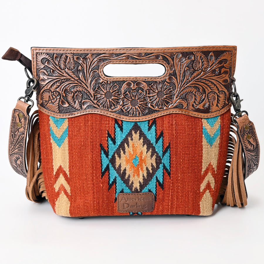 American Darling Signature Cross Body Bag Hand Tooled Floral Carved Saddle Blanket Leather Western Bag with Fringes