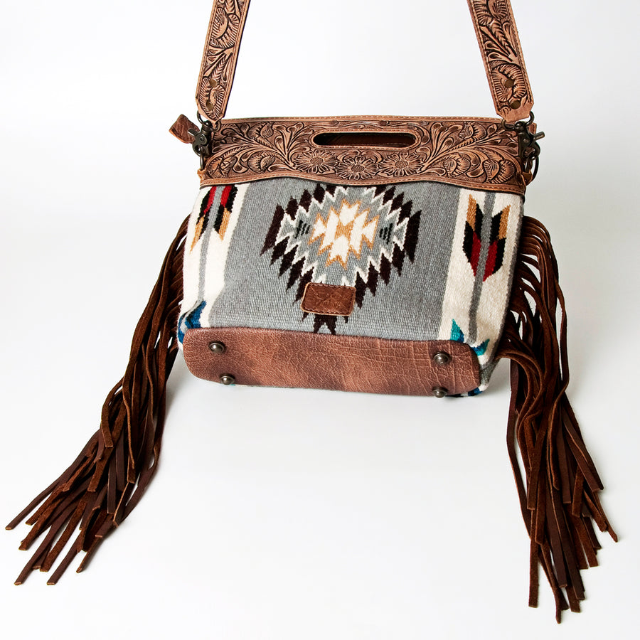 American Darling Signature Cross Body Bag Hand Tooled Floral Carved Saddle Blanket Leather Western Bag with Fringes