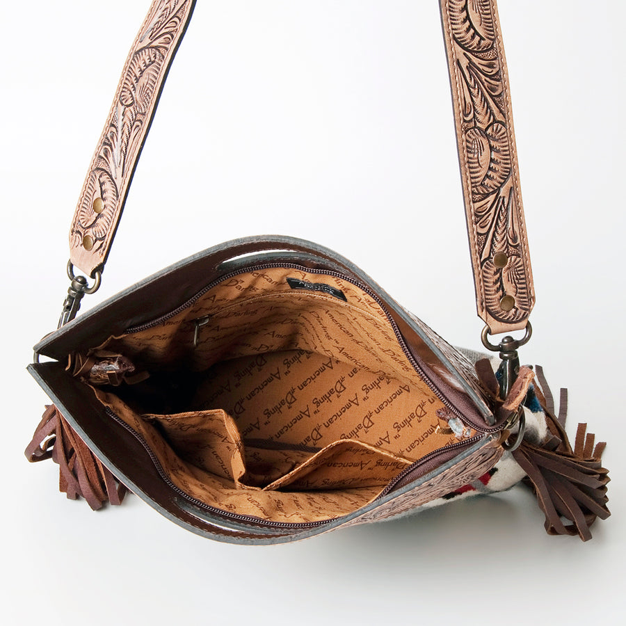 American Darling Signature Cross Body Bag Hand Tooled Floral Carved Saddle Blanket Leather Western Bag with Fringes