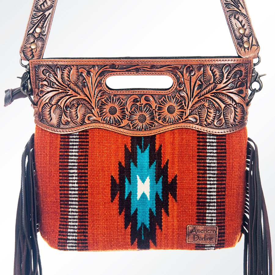 American Darling Signature Cross Body Bag Hand Tooled Floral Carved Saddle Blanket Leather Western Bag with Fringes