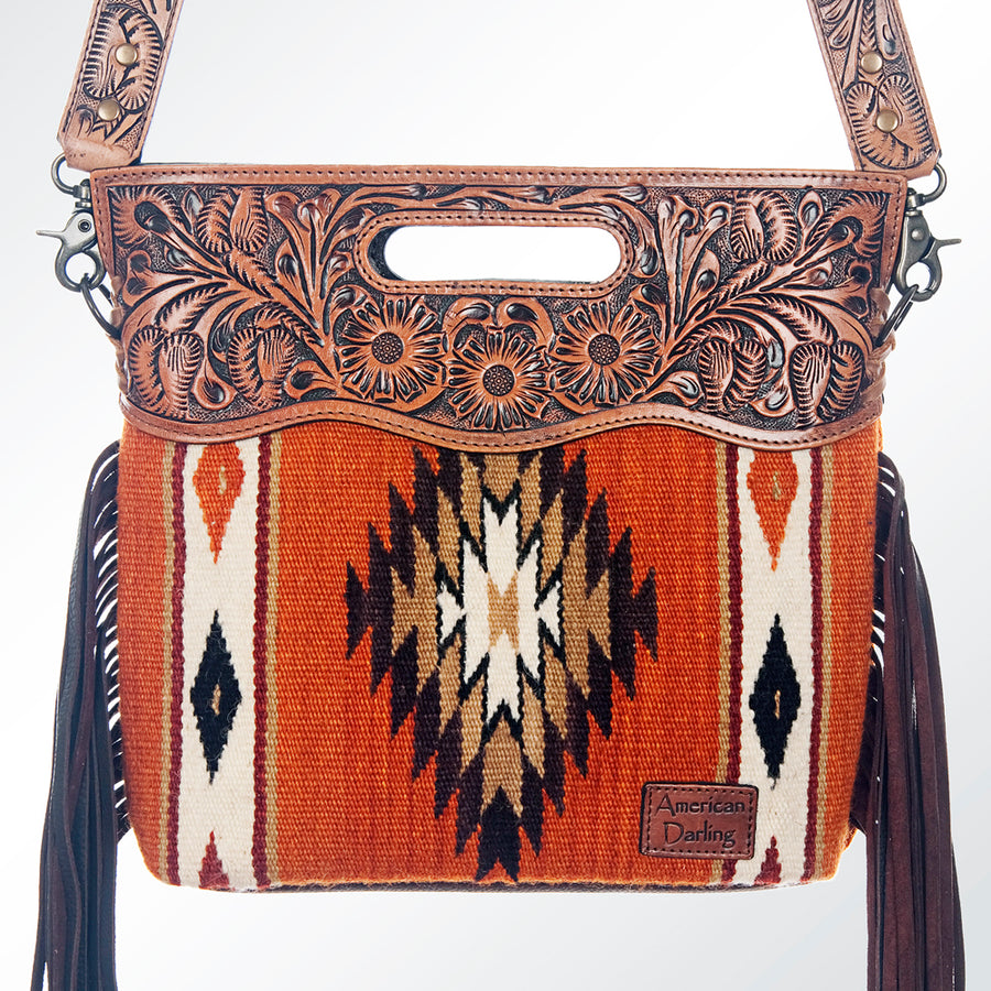 American Darling Signature Cross Body Bag Hand Tooled Floral Carved Saddle Blanket Leather Western Bag with Fringes