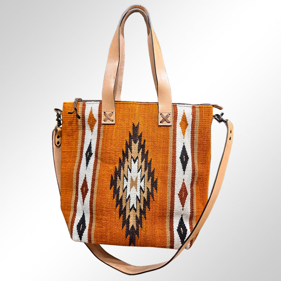 Orange wool tote bag with geometric diamond pattern and leather handles - Uhorse