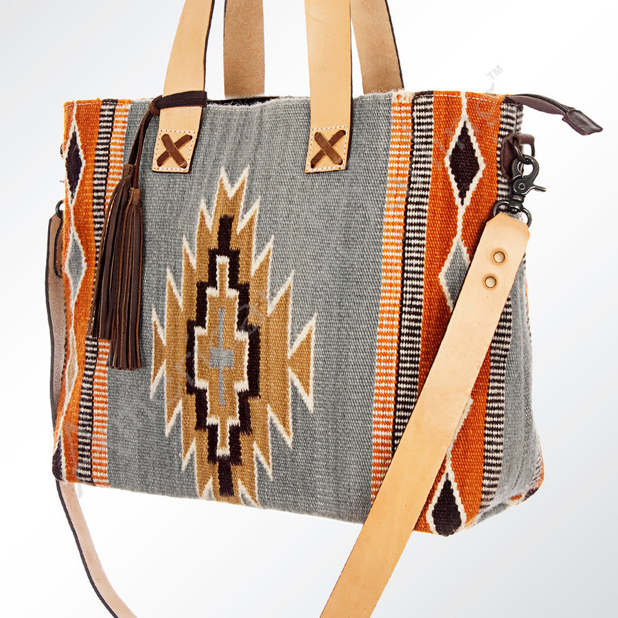 American Darling Hand Woven Saddle Blanket Western Leather Tote Bag with Tassels - Uhorse