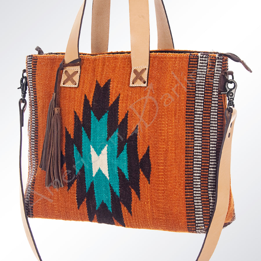 American Darling Hand Woven Saddle Blanket Western Leather Tote Bag with Tassels - Uhorse