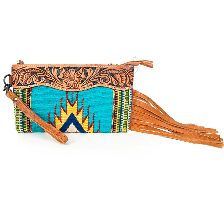 American Darling Western Leather Wristlet Bag with Hand Tooled Floral Carving and Saddle Blanket - Uhorse