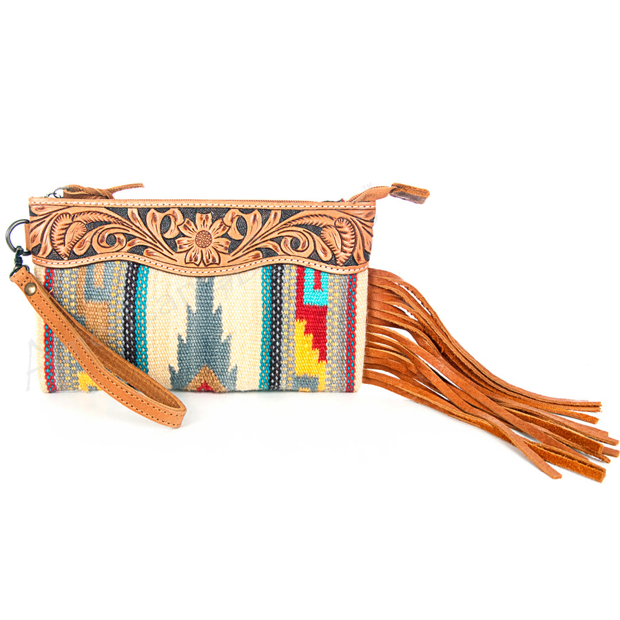 American Darling Western Leather Wristlet Bag with Hand Tooled Floral Carving and Saddle Blanket - Uhorse