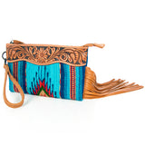 American Darling ADBG344TANF Wristlet Hand Tooled Saddle Blanket Genuine Leather Women Bag Western Handbag Purse