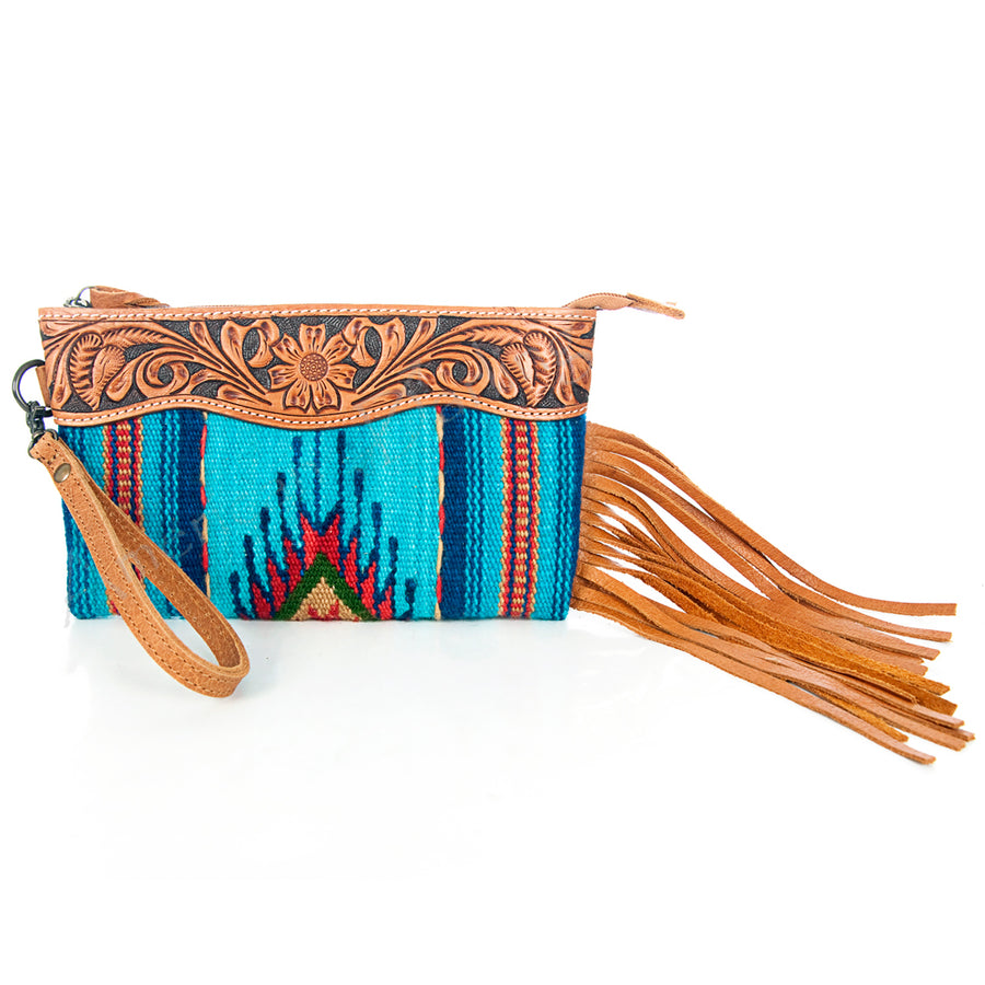 American Darling Western Leather Wristlet Bag with Hand Tooled Floral Detail and Saddle Blanket - Uhorse