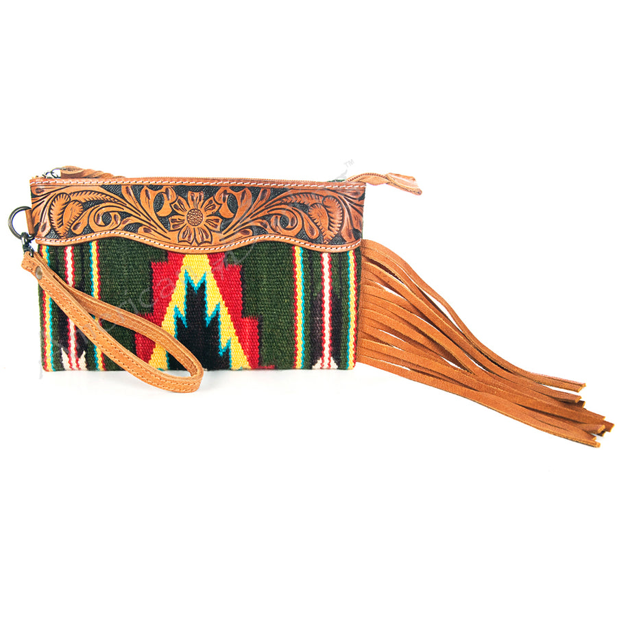 American Darling Western Leather Wristlet Bag with Hand Tooled Floral Detail and Saddle Blanket - Uhorse