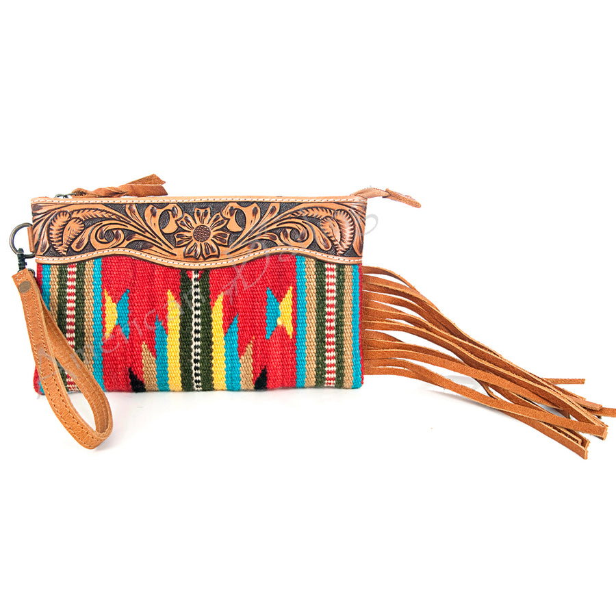American Darling Western Leather Wristlet Bag with Hand Tooled Floral Carving and Saddle Blanket - Uhorse