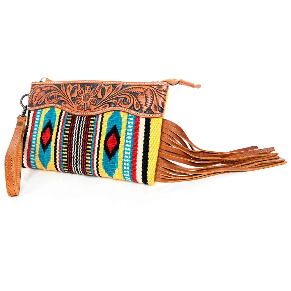 American Darling ADBG344TANDAR4 Wristlet Hand Tooled Saddle Blanket Genuine Leather Women Bag Western Handbag Purse