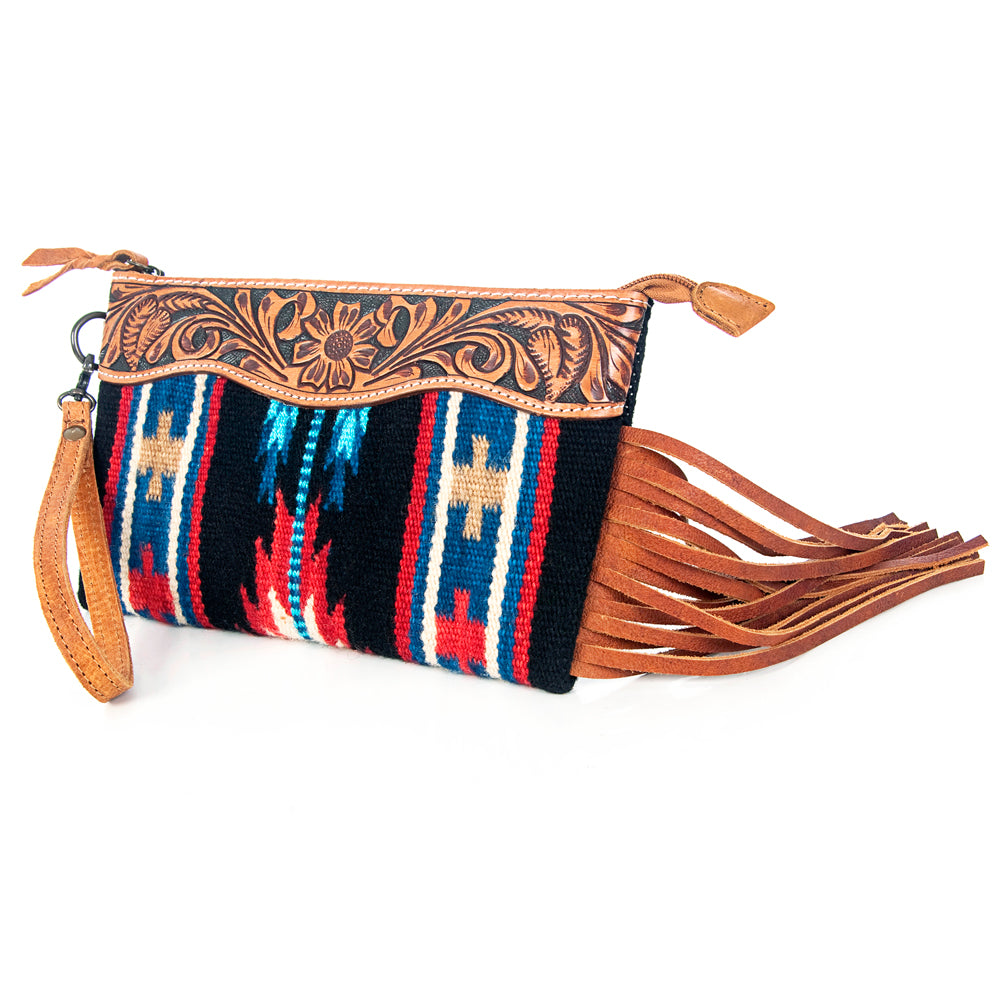 American Darling ADBG344TANDAR6 Wristlet Hand Tooled Saddle Blanket Genuine Leather Women Bag Western Handbag Purse