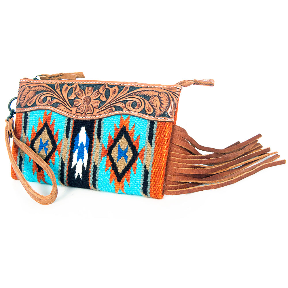 American Darling ADBG344TANDAR9 Wristlet Hand Tooled Saddle Blanket Genuine Leather Women Bag Western Handbag Purse