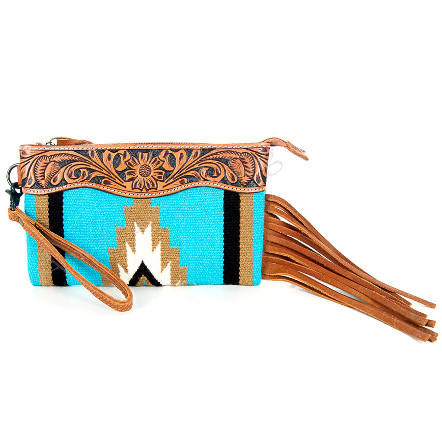 American Darling Western Leather Wristlet Bag with Hand Tooled Floral Carving and Saddle Blanket - Uhorse