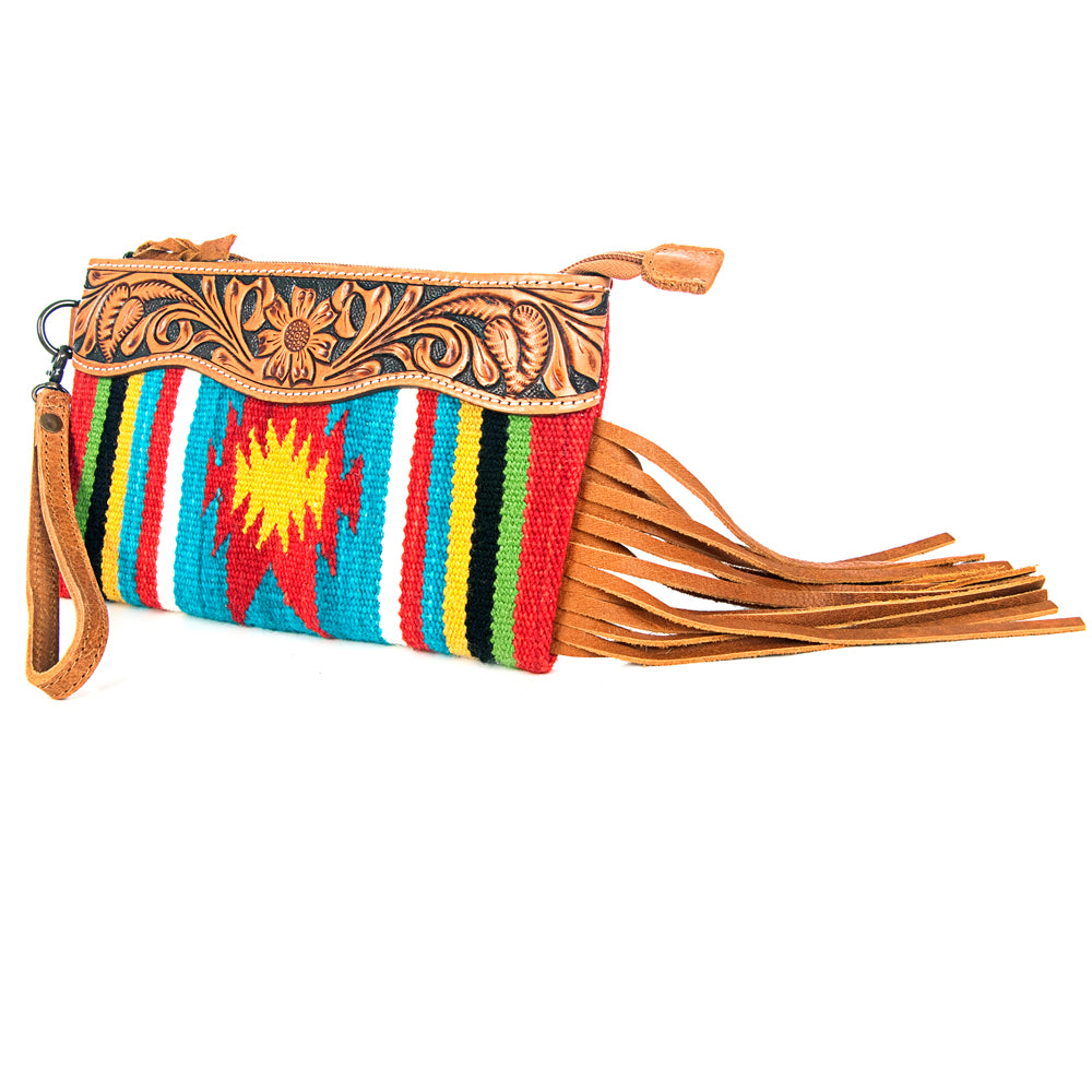 American Darling ADBG344TANDAR12 Wristlet Hand Tooled Saddle Blanket Genuine Leather Women Bag Western Handbag Purse