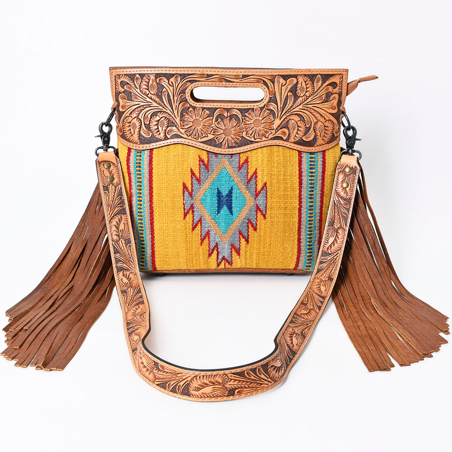 American Darling Western Clutch Bag Hand Tooled Floral Carved Hand Woven Saddle Blanket Leather Crossbody with Fringes