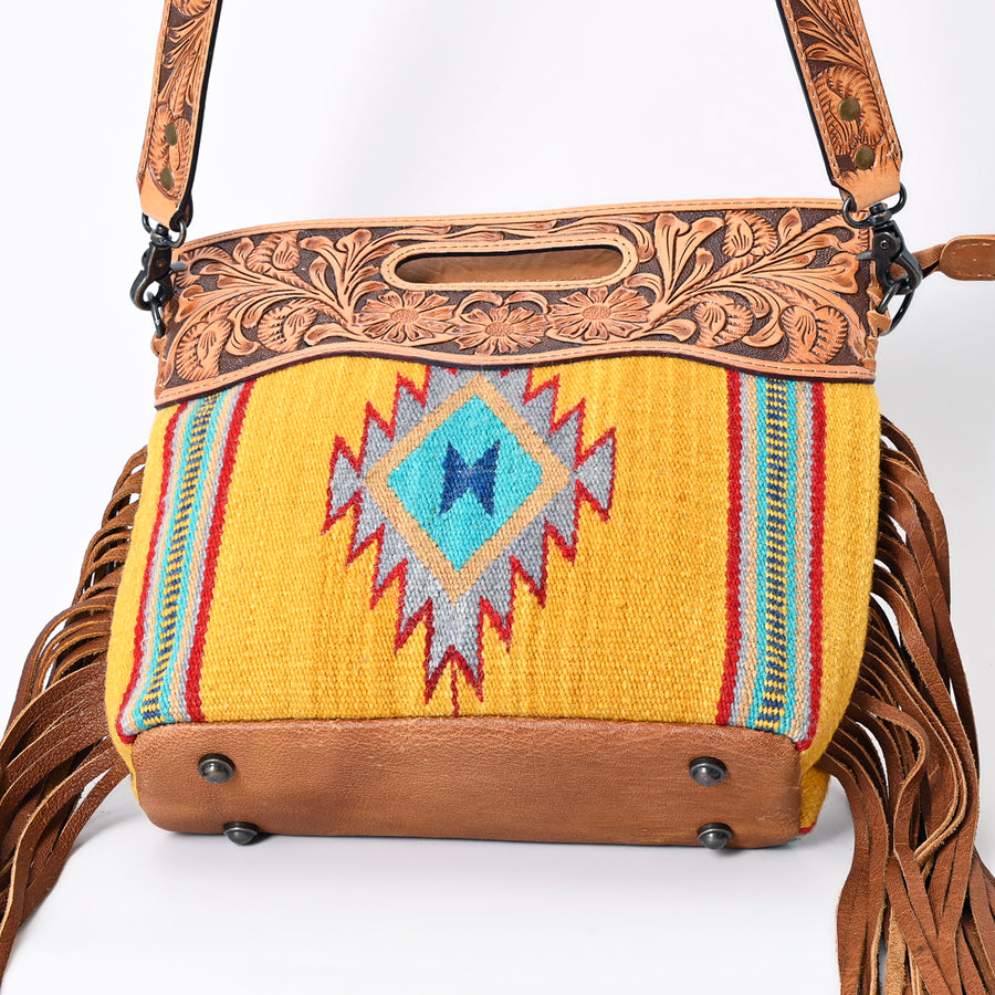 American Darling Western Clutch Bag Hand Tooled Floral Carved Hand Woven Saddle Blanket Leather Crossbody with Fringes