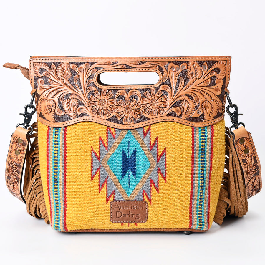 American Darling Western Clutch Bag Hand Tooled Floral Carved Hand Woven Saddle Blanket Leather Crossbody with Fringes