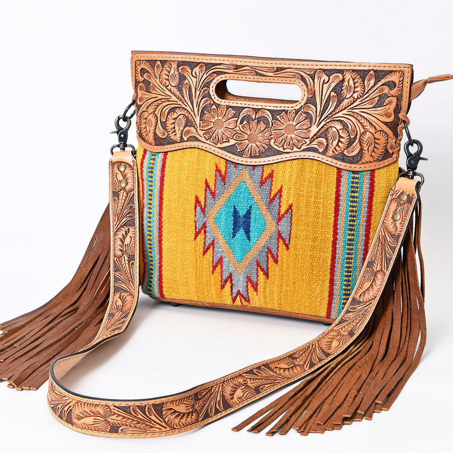 American Darling Hand Tooled Floral and Hand Woven Saddle Blanket Signature Cross body Bag - Uhorse