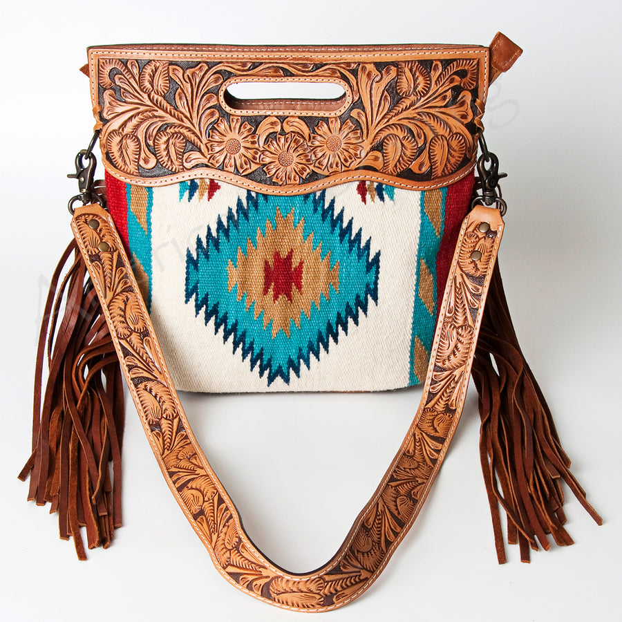 American Darling Western Clutch Bag Hand Tooled Floral Carved Hand Woven Saddle Blanket Leather Crossbody with Fringes