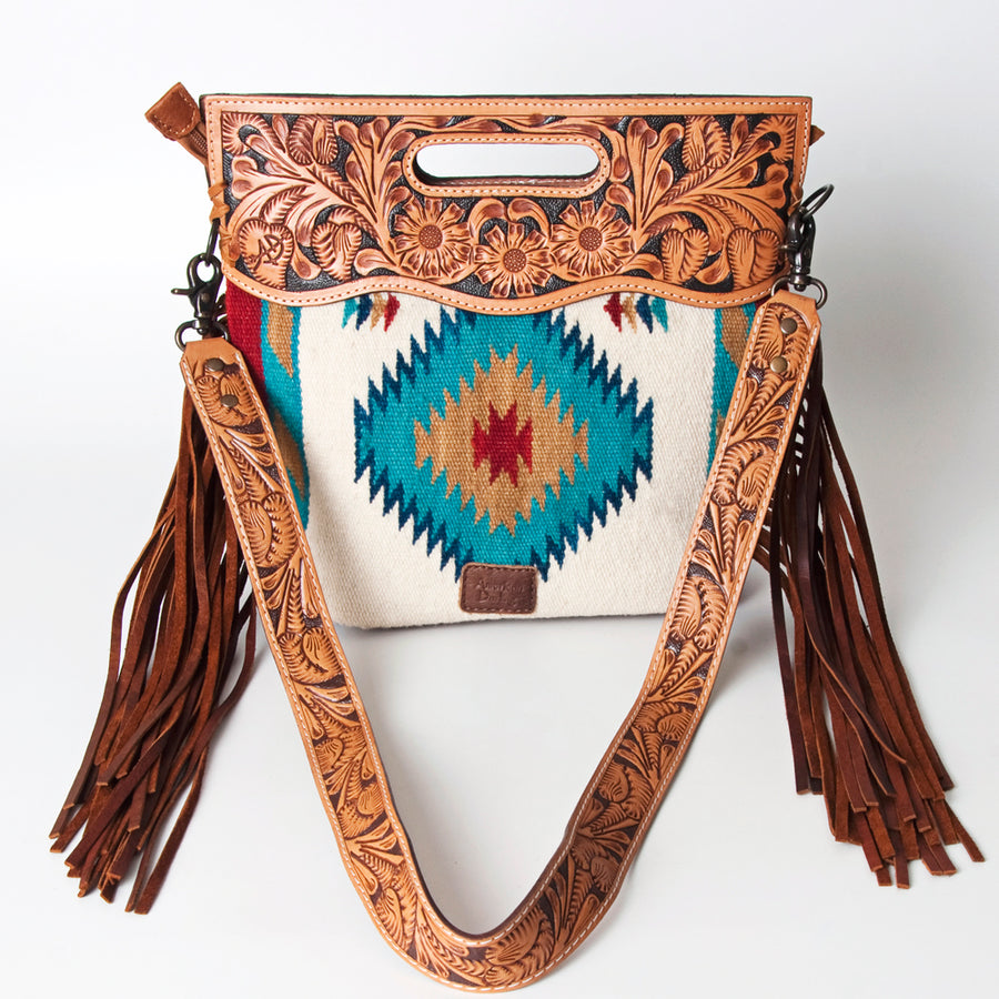 American Darling Western Clutch Bag Hand Tooled Floral Carved Hand Woven Saddle Blanket Leather Crossbody with Fringes