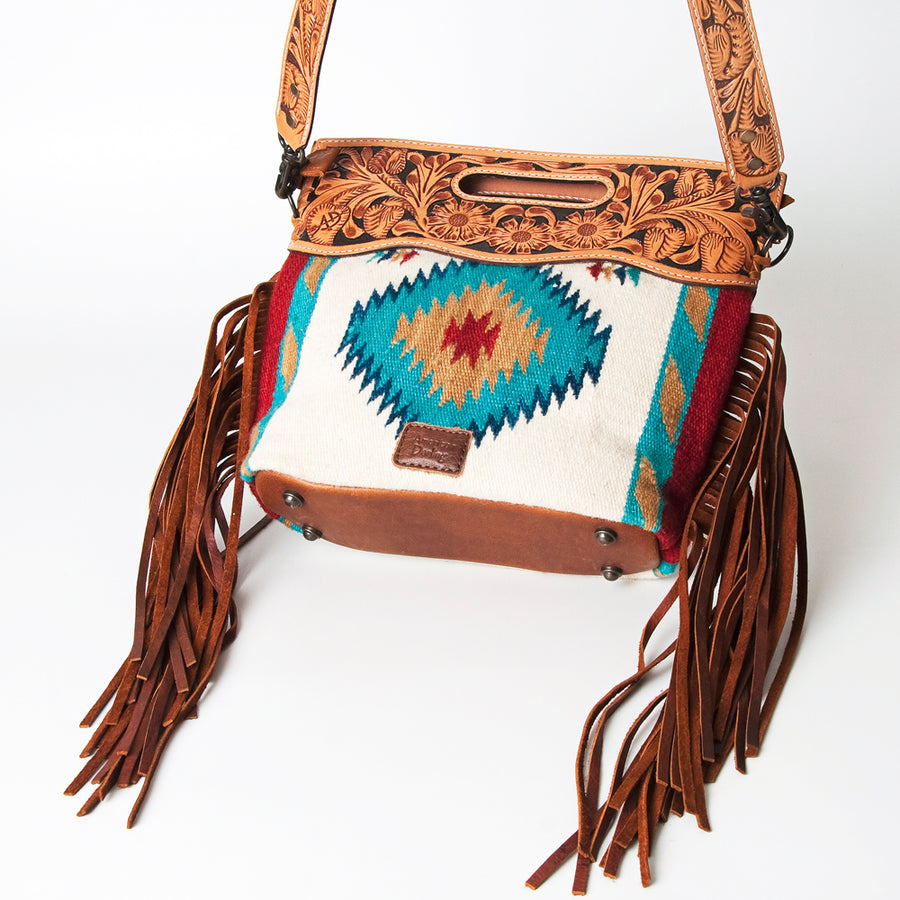 American Darling Western Clutch Bag Hand Tooled Floral Carved Hand Woven Saddle Blanket Leather Crossbody with Fringes