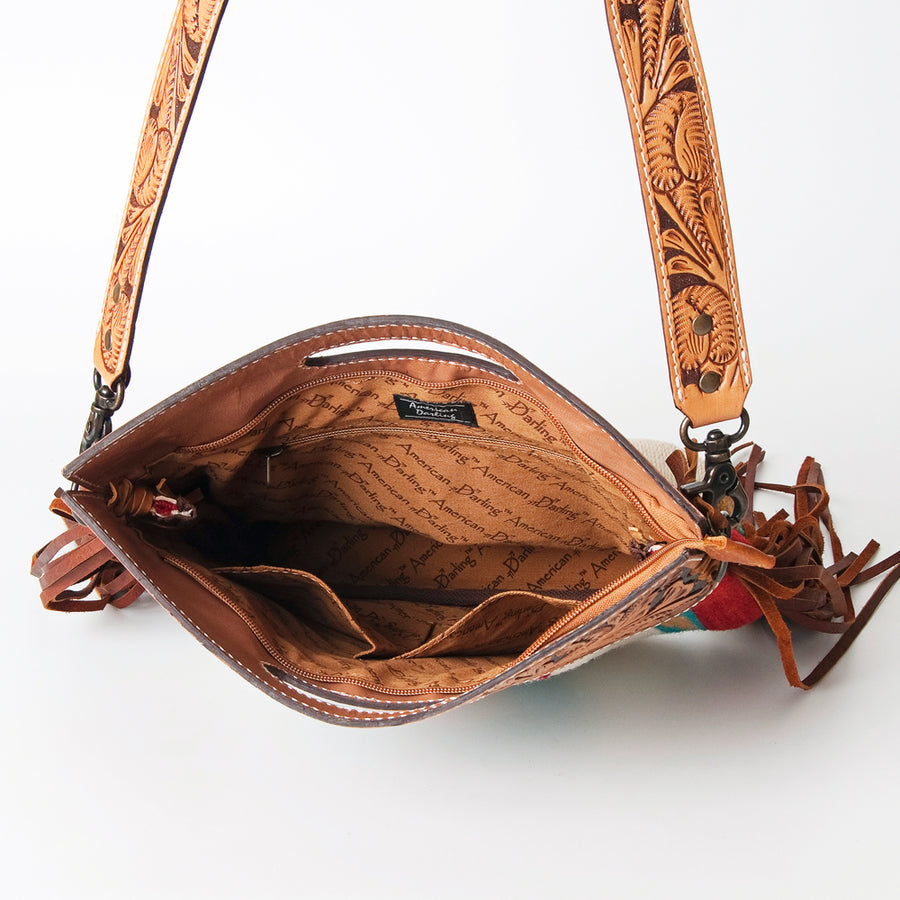 American Darling Western Clutch Bag Hand Tooled Floral Carved Hand Woven Saddle Blanket Leather Crossbody with Fringes