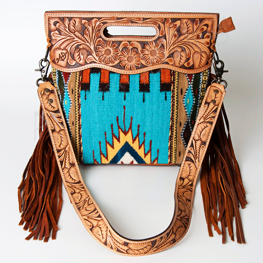 American Darling Western Clutch Bag Hand Tooled Floral Carved Hand Woven Saddle Blanket Leather Crossbody with Fringes