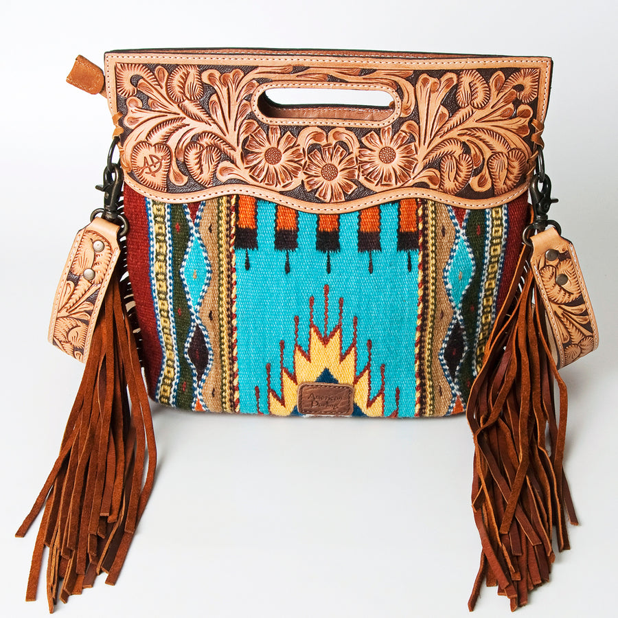 American Darling Western Clutch Bag Hand Tooled Floral Carved Hand Woven Saddle Blanket Leather Crossbody with Fringes