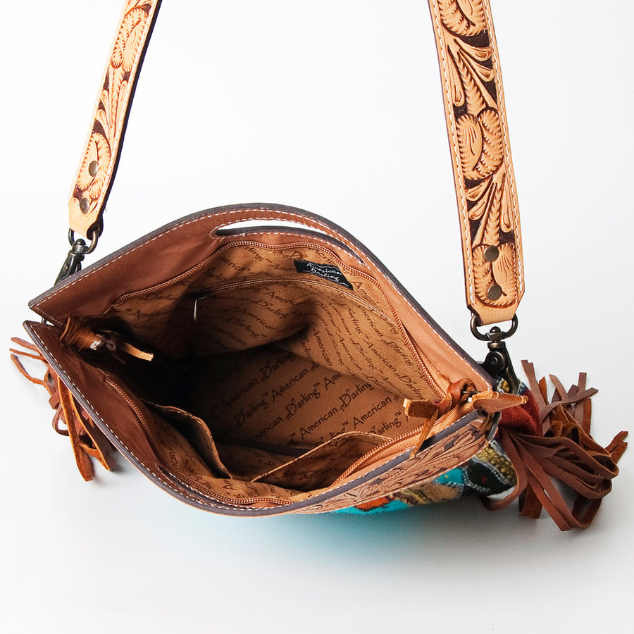 American Darling Western Clutch Bag Hand Tooled Floral Carved Hand Woven Saddle Blanket Leather Crossbody with Fringes