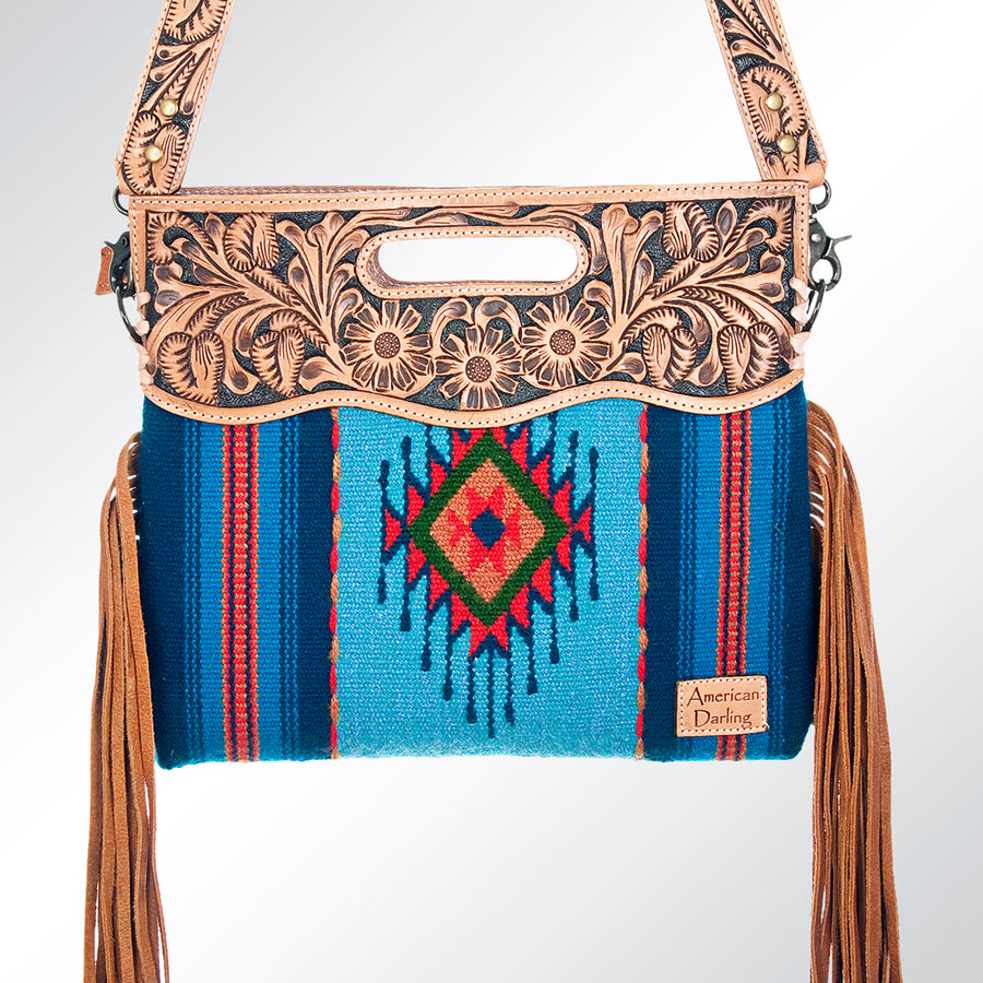 American Darling Western Clutch Bag Hand Tooled Floral Carved Hand Woven Saddle Blanket Leather Crossbody with Fringes