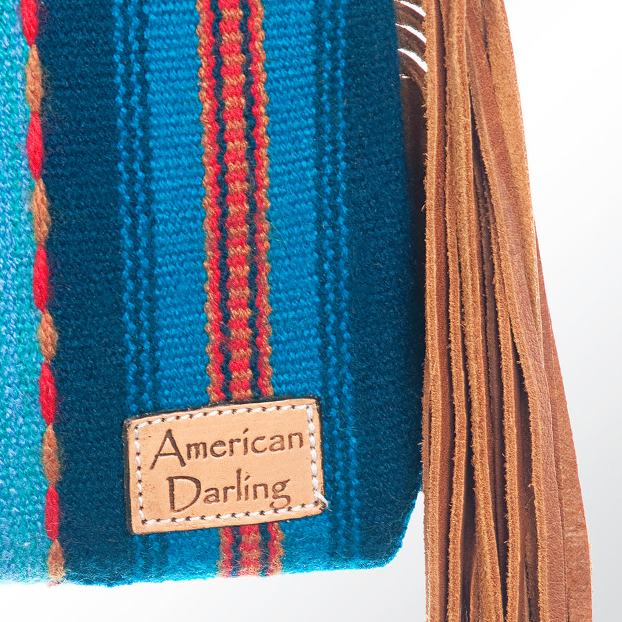 American Darling Western Clutch Bag Hand Tooled Floral Carved Hand Woven Saddle Blanket Leather Crossbody with Fringes
