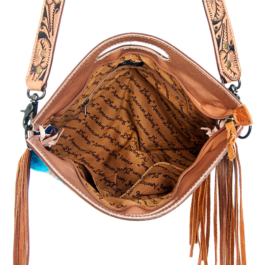American Darling Western Clutch Bag Hand Tooled Floral Carved Hand Woven Saddle Blanket Leather Crossbody with Fringes