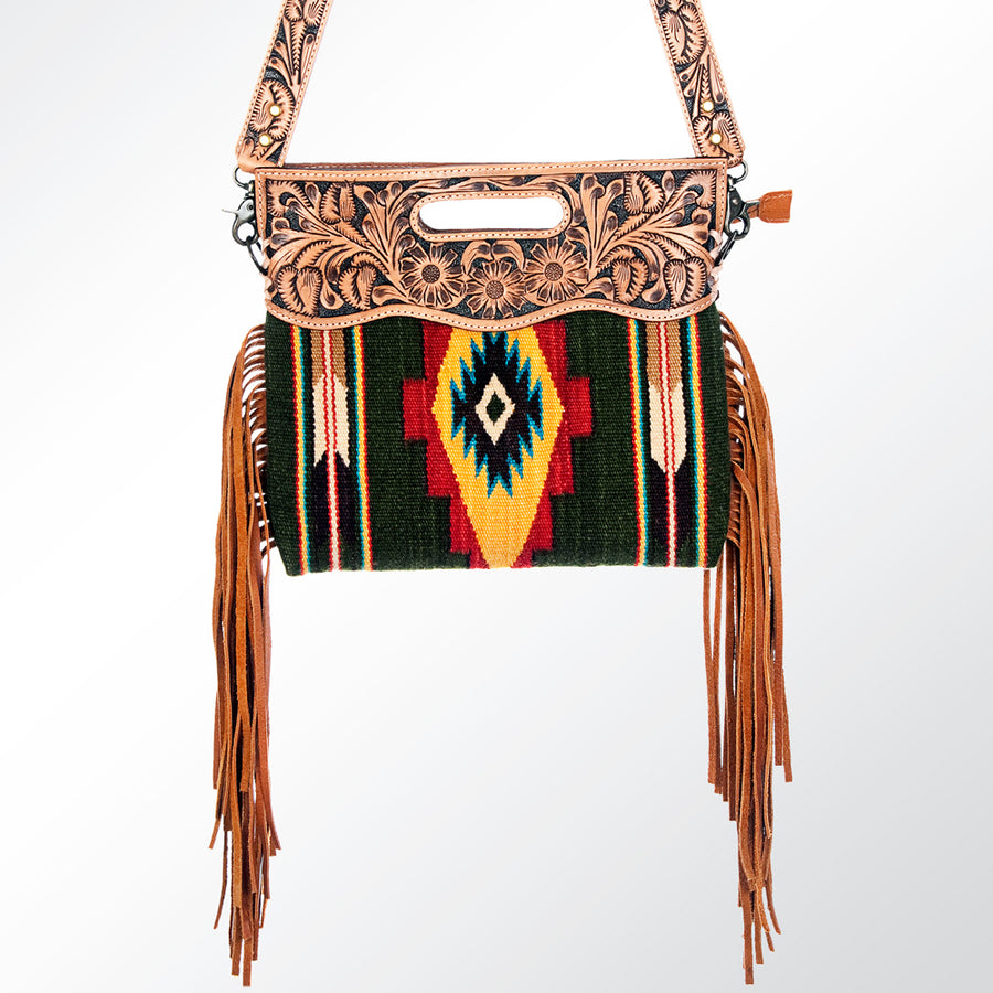 American Darling Western Clutch Bag Hand Tooled Floral Carved Hand Woven Saddle Blanket Leather Crossbody with Fringes