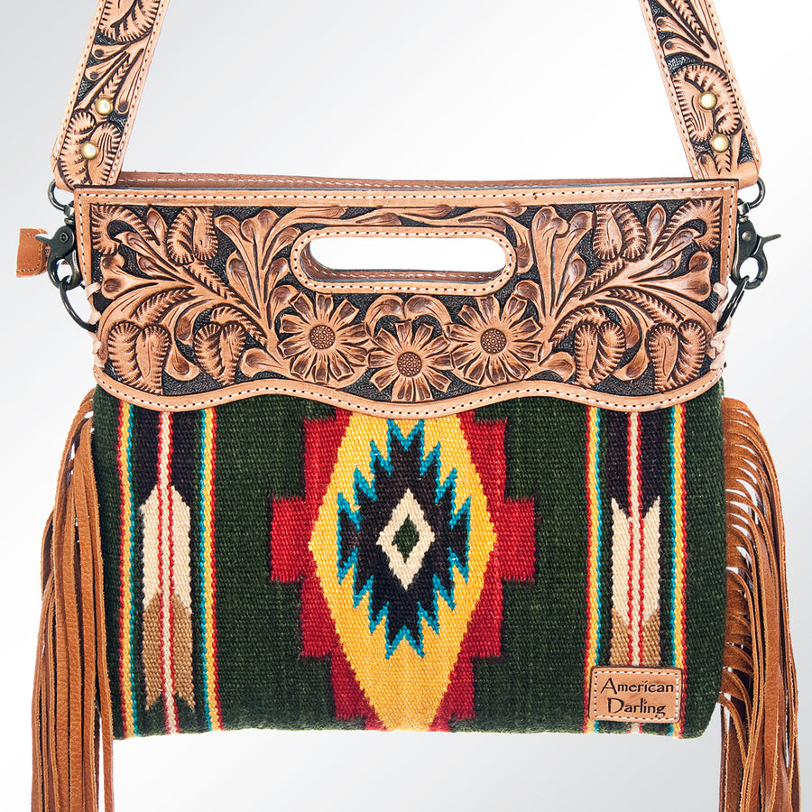 American Darling Western Clutch Bag Hand Tooled Floral Carved Hand Woven Saddle Blanket Leather Crossbody with Fringes