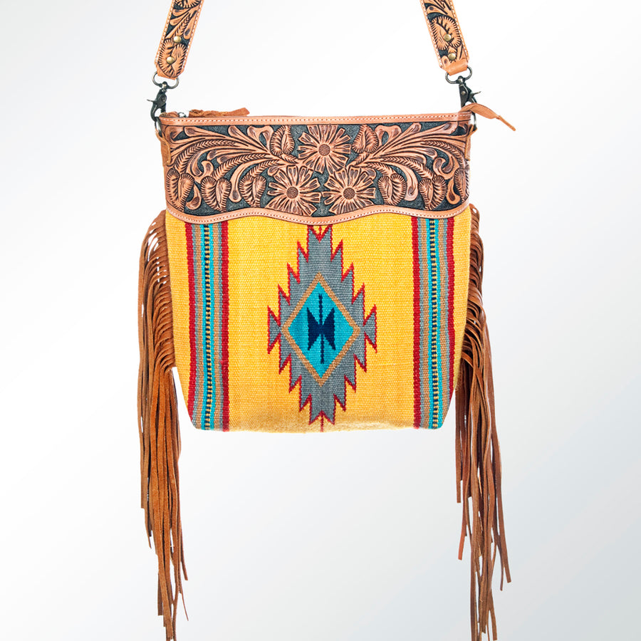 American Darling Signature Cross Body Bag Hand Tooled Floral Carved Leather Woven Saddle Blanket Fringes Genuine Leather