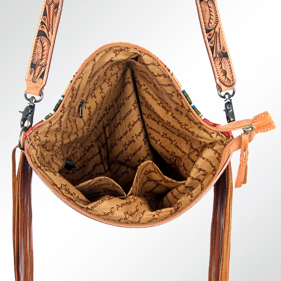 American Darling Signature Cross Body Bag Hand Tooled Floral Carved Leather Woven Saddle Blanket Fringes Genuine Leather