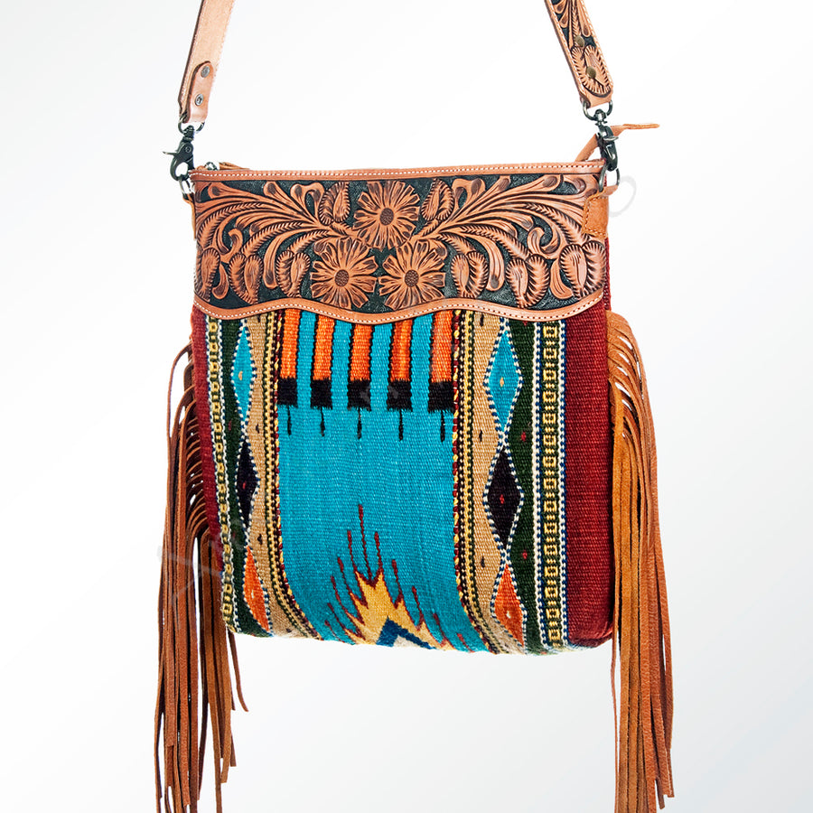 American Darling Hand Tooled Floral and Hand Woven Saddle Blanket Signature Cross Body Bag - Uhorse