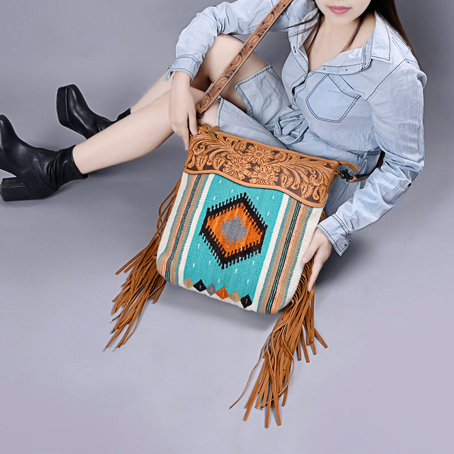 American Darling Signature Cross Body Bag Hand Tooled Floral Carved Leather Woven Saddle Blanket Fringes Genuine Leather