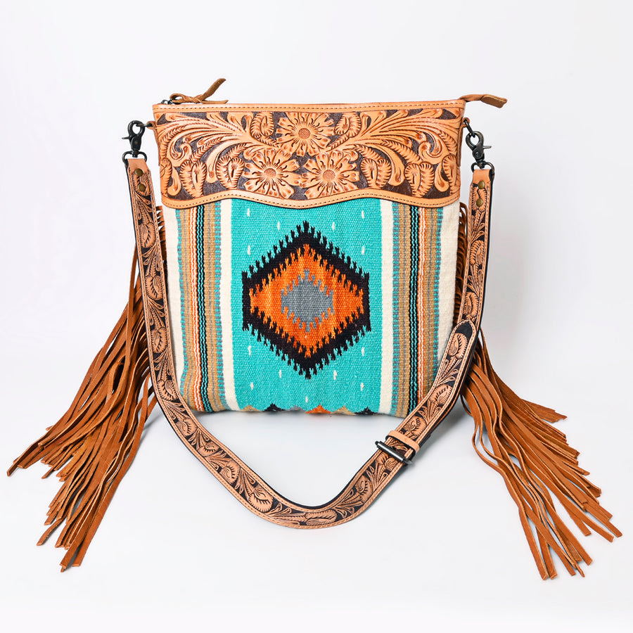 American Darling Signature Cross Body Bag Hand Tooled Floral Carved Leather Woven Saddle Blanket Fringes Genuine Leather