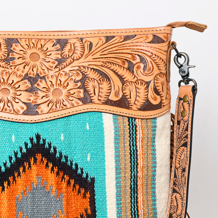 American Darling Signature Cross Body Bag Hand Tooled Floral Carved Leather Woven Saddle Blanket Fringes Genuine Leather