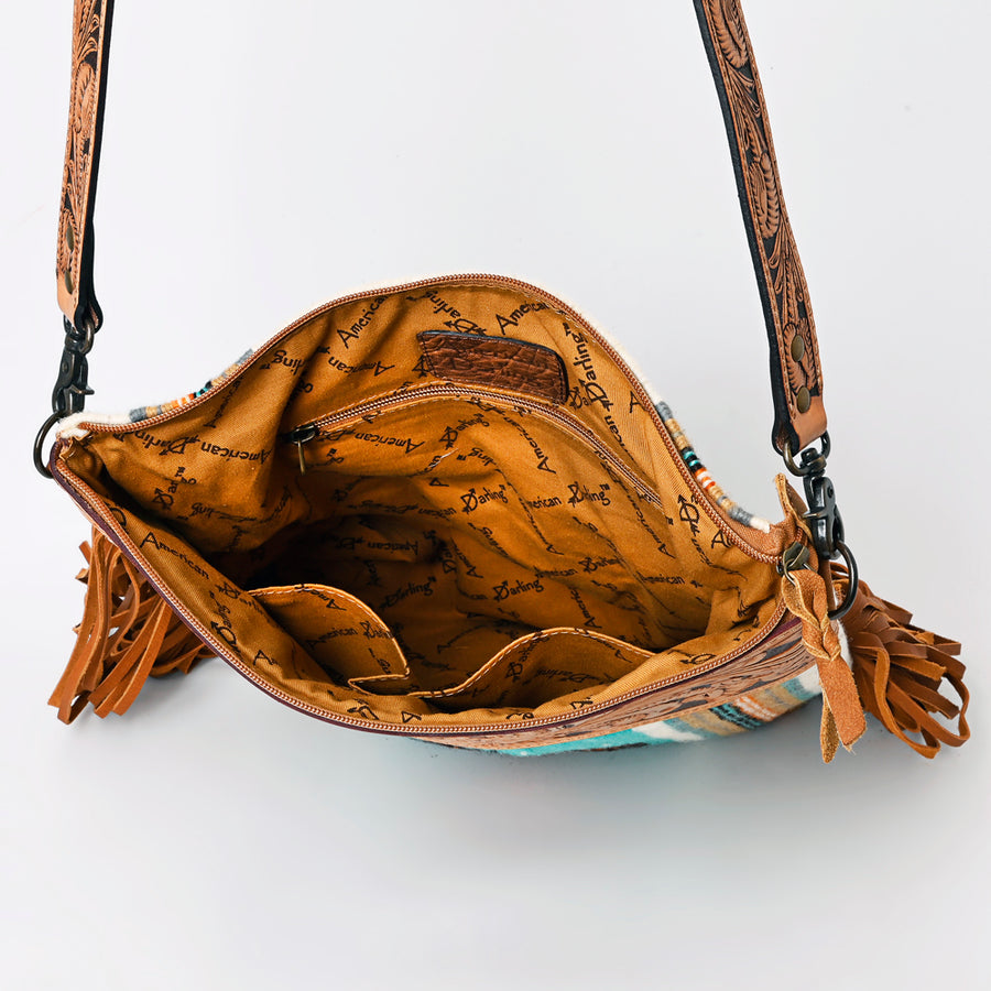 American Darling Signature Cross Body Bag Hand Tooled Floral Carved Leather Woven Saddle Blanket Fringes Genuine Leather