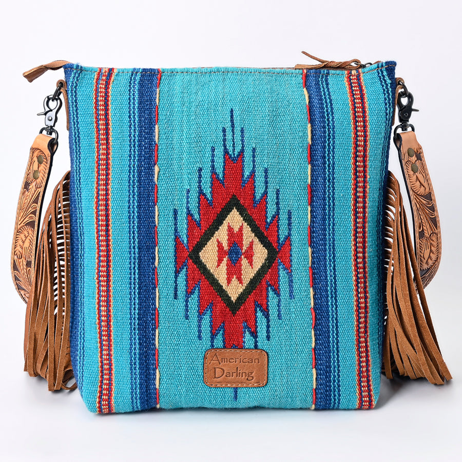 American Darling Signature Cross Body Bag Hand Tooled Floral Carved Leather Woven Saddle Blanket Fringes Genuine Leather