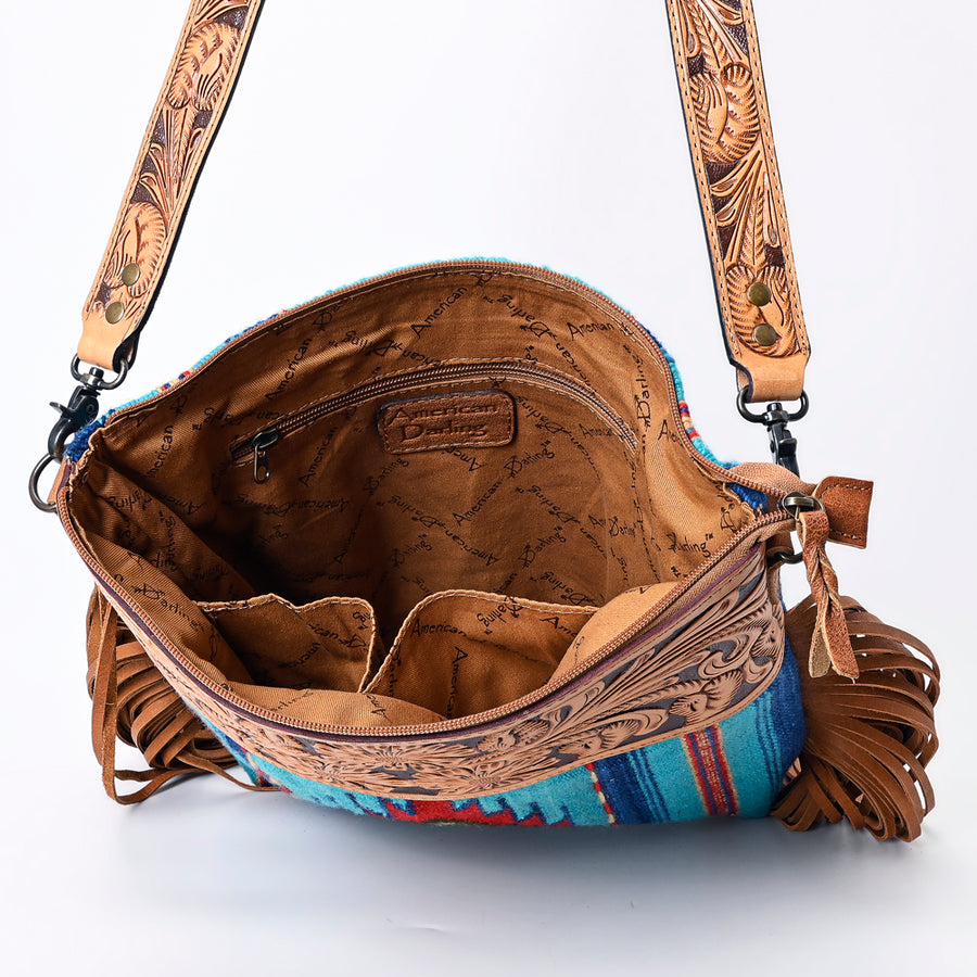 American Darling Signature Cross Body Bag Hand Tooled Floral Carved Leather Woven Saddle Blanket Fringes Genuine Leather