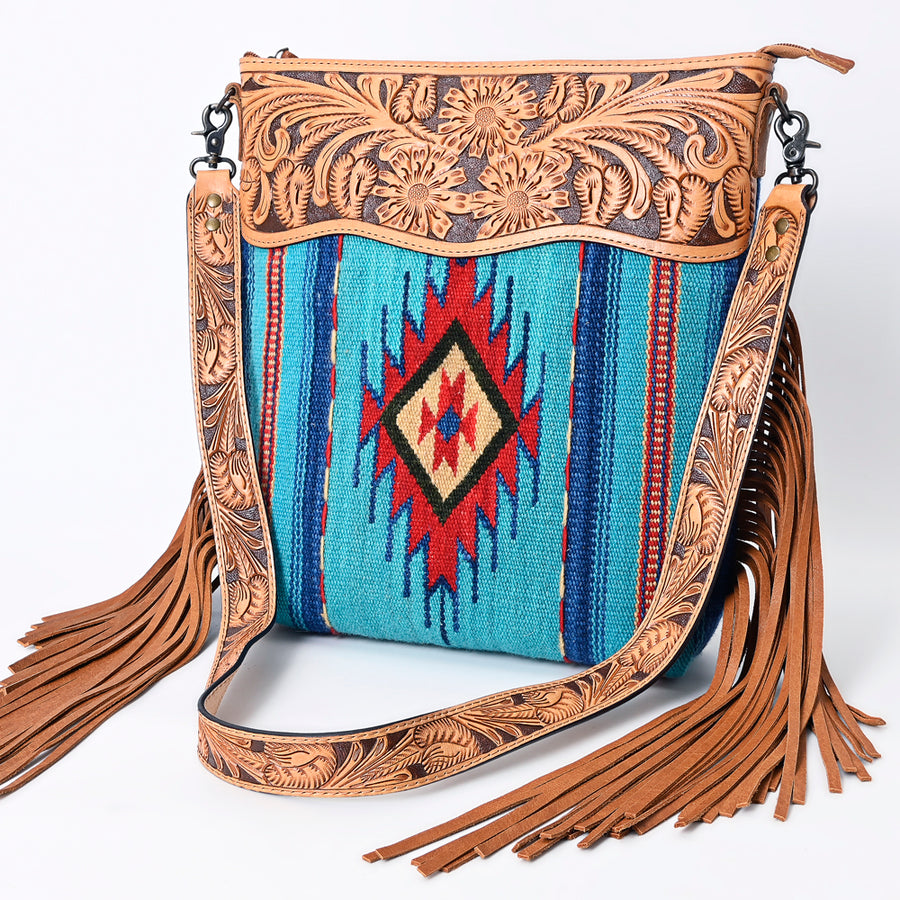 American Darling Hand Tooled Floral and Hand Woven Saddle Blanket Signature Cross Body Bag - Uhorse