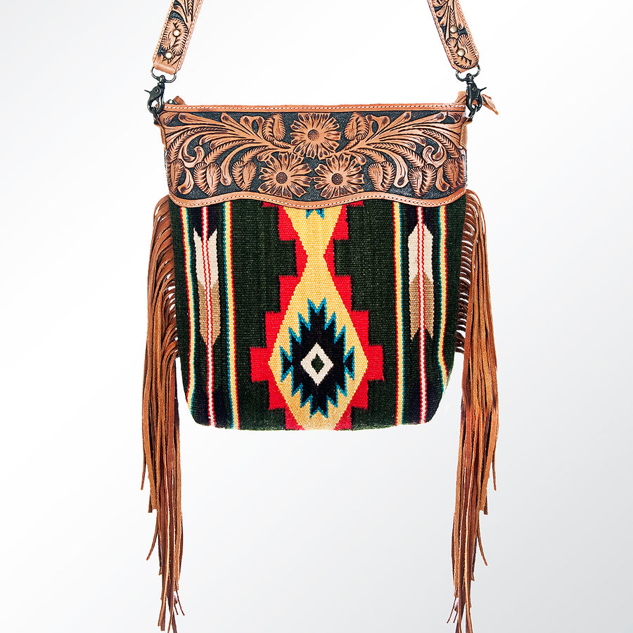 American Darling Signature Cross Body Bag Hand Tooled Floral Carved Leather Woven Saddle Blanket Fringes Genuine Leather
