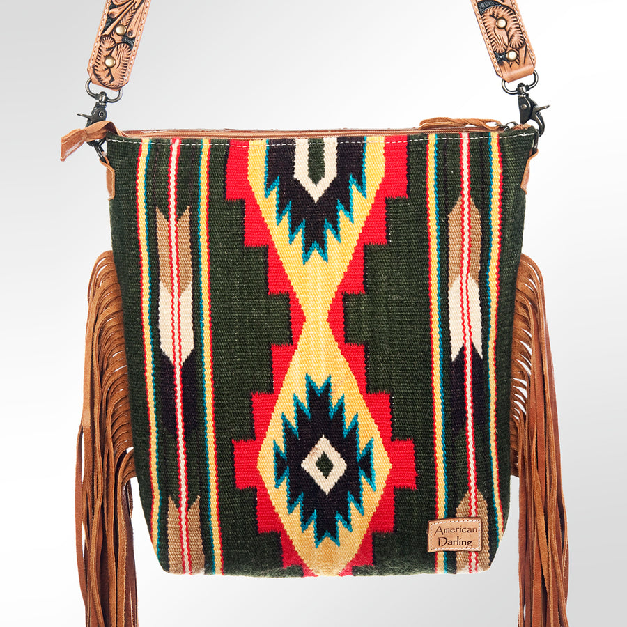 American Darling Signature Cross Body Bag Hand Tooled Floral Carved Leather Woven Saddle Blanket Fringes Genuine Leather